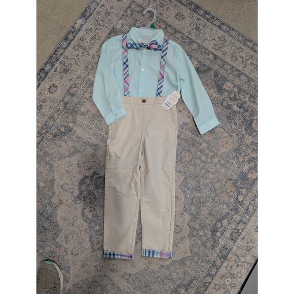 NWT Boys Easter Suit Size 5T Wonder Nation Suspenders Bow Tie Blue Pink Khakis - Picture 1 of 4